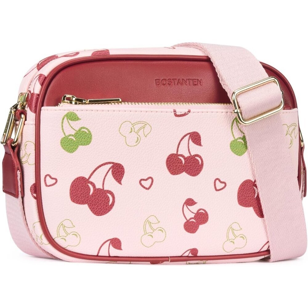 Bostanten Women Cherry PU leather Small Quilted Crossbody Bags With Wide Strap